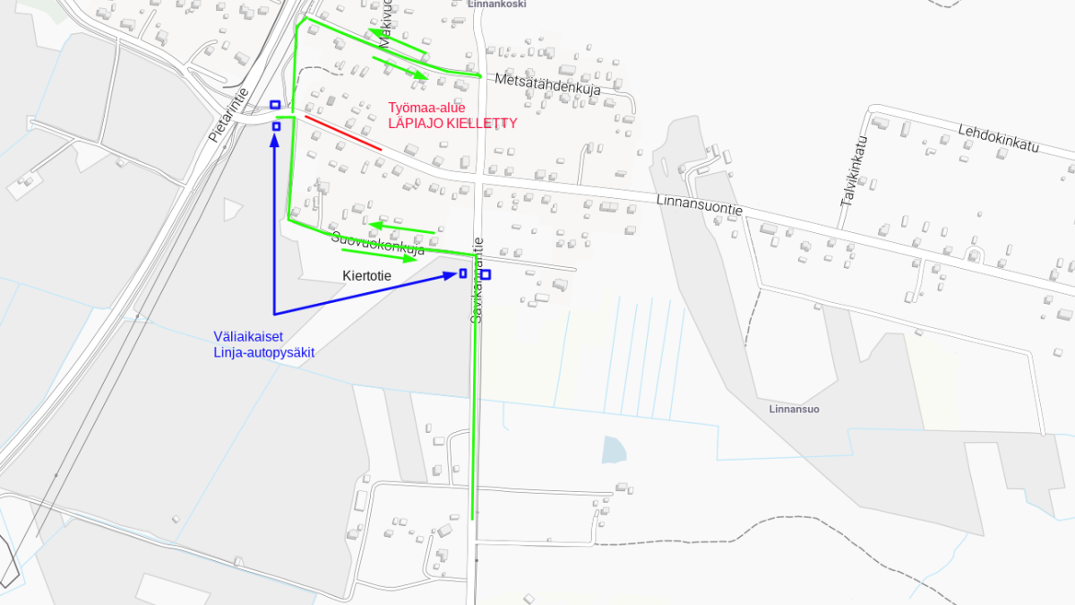Linnansuontien poikkeavat liikennejärjestelyt kartalla.