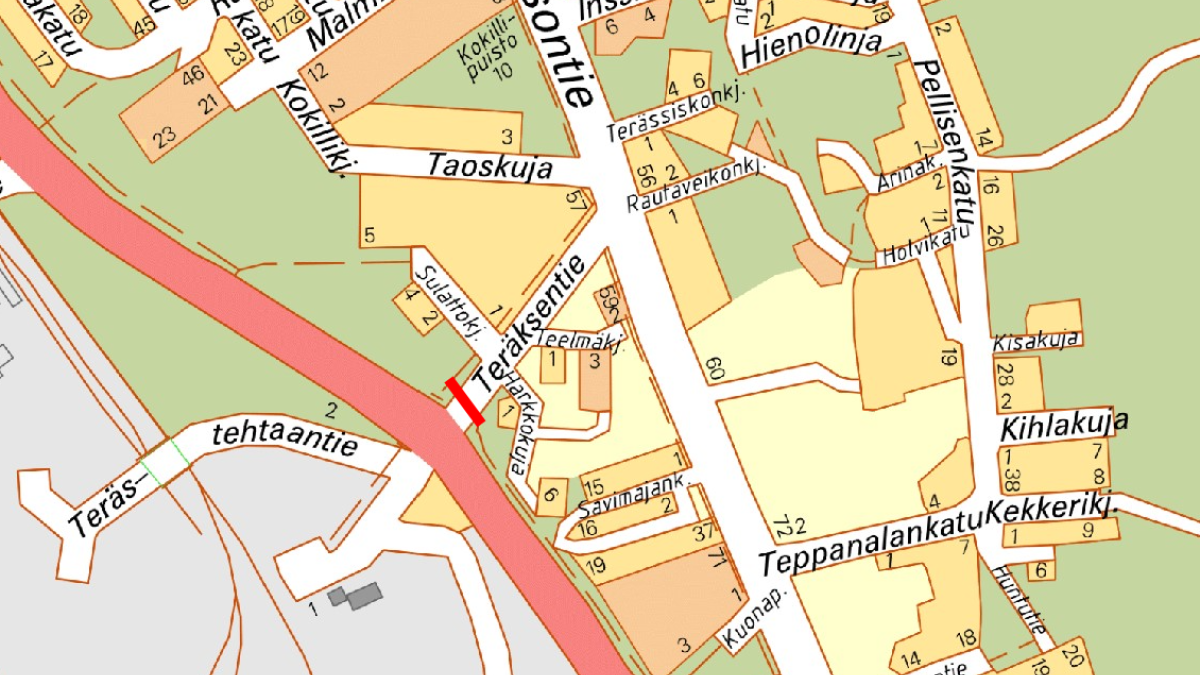 Karttakuva Teräksentien liikennekatkoksesta.