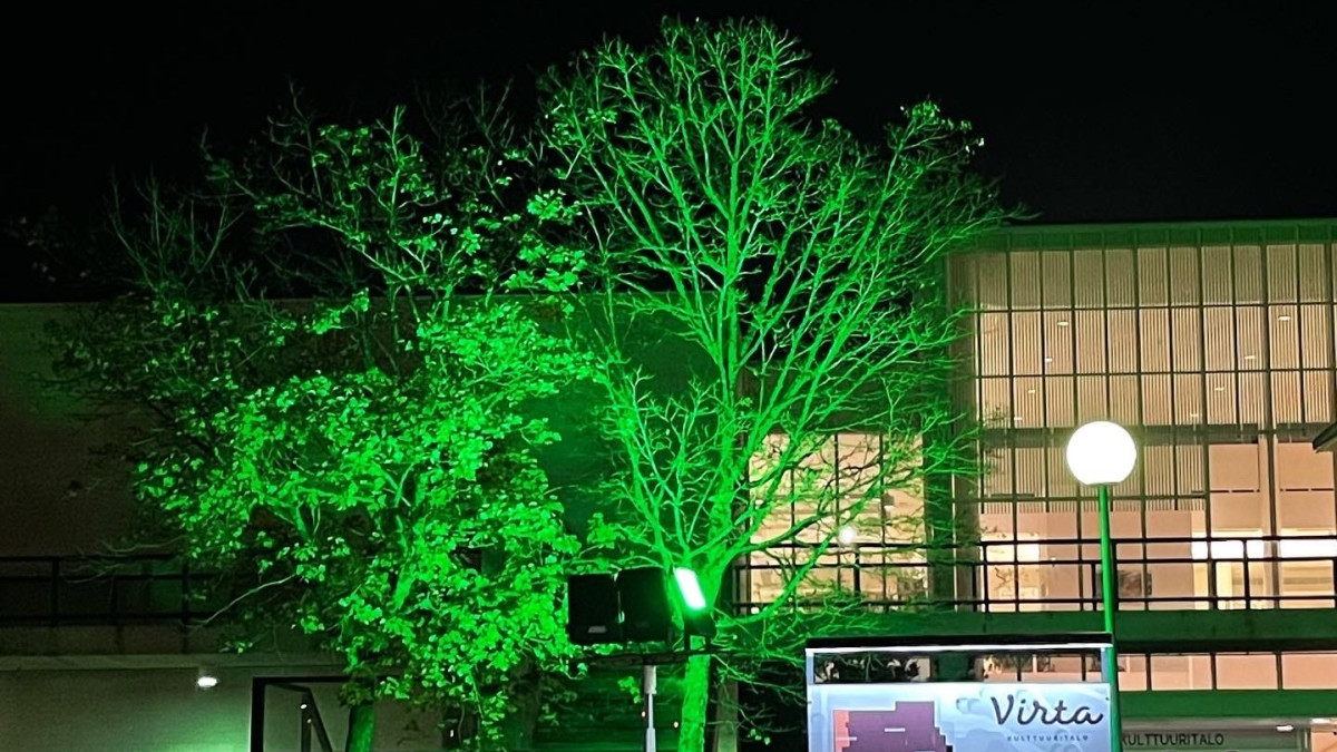 Kulttuuritalo Virran pihalla vihreäksi valaistu puu