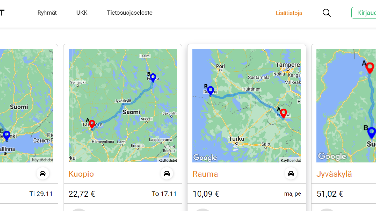Kimppakyydit-sivuston etusivu.