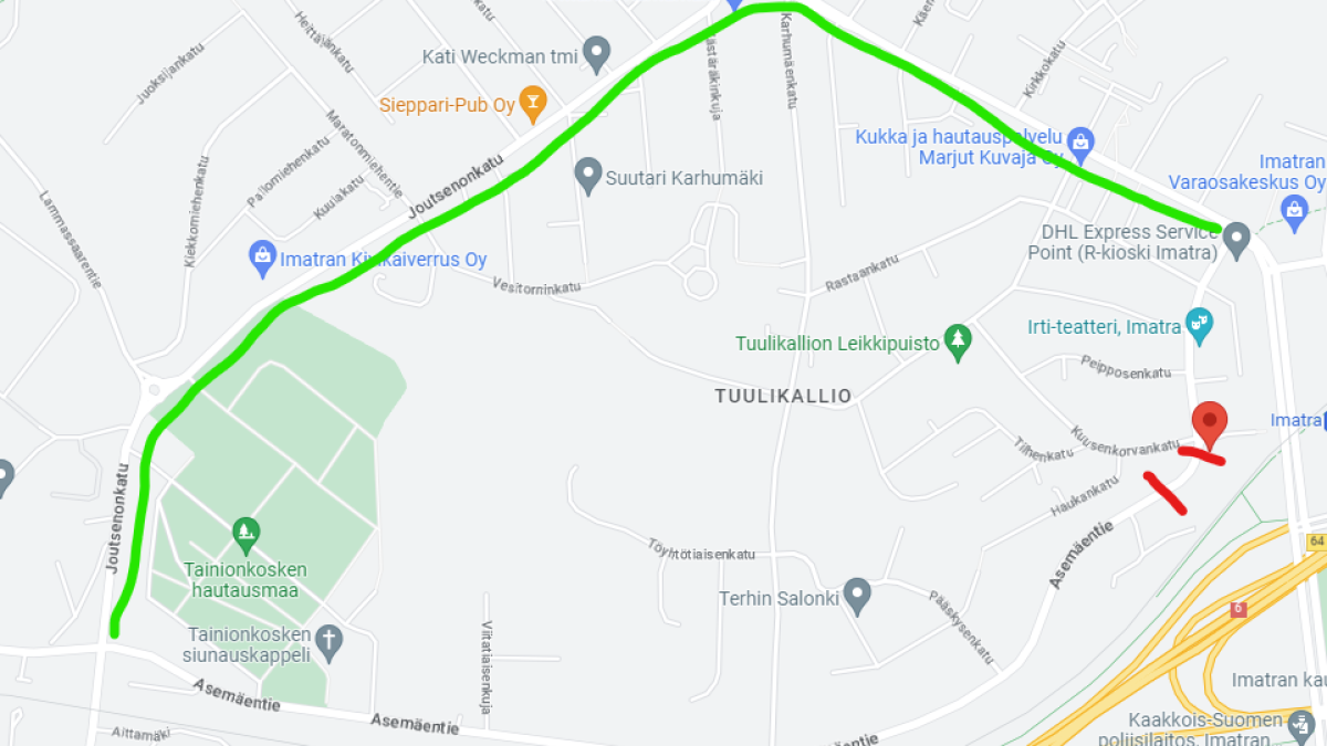 Karttakuva Imatralta, jossa punaisella Asemäentien sulku ja kiertotie vihreällä Joutsenonkadun kautta.