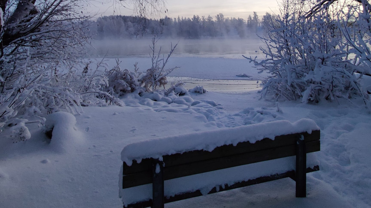Vuoksi ja penkki talvella.