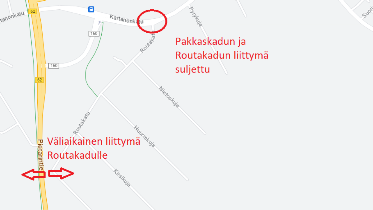 Pakkaskadun ja Routakadun risteys suljetaan väliaikaisesti. Karttakuva.
