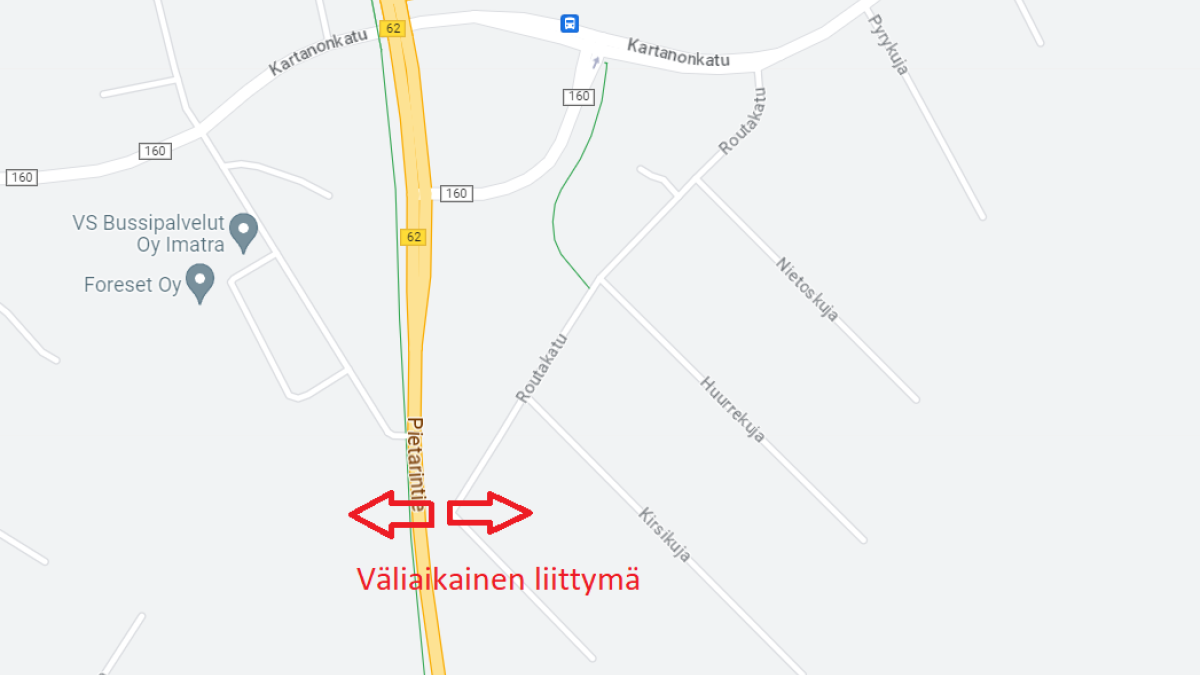 Karttakuva Imatralta, johon punaisilla nuolilla merkitty väliaikaisen liittymän paikka.