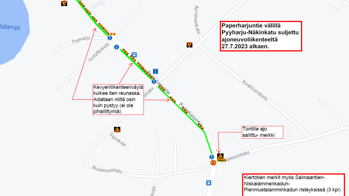 Karttakuvassa Paperharjuntien liikennejärjestelyt 27.7.2023 alkaen.