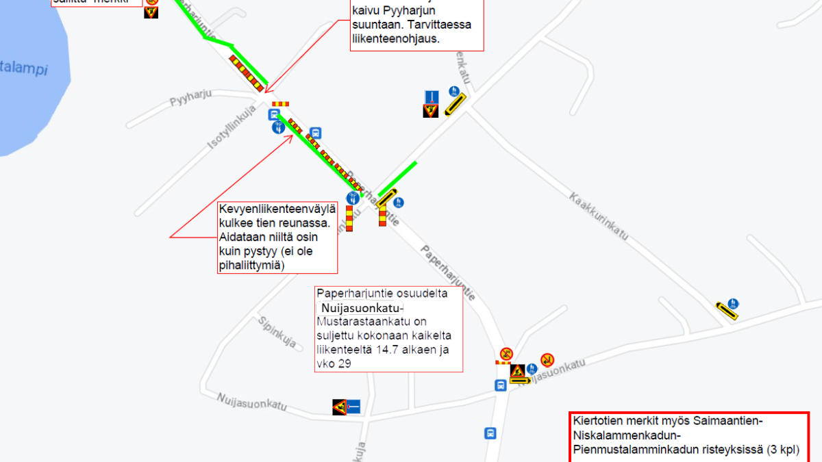 Karttakuva Paperharjuntien työmaan liikennejärjestelyistä.