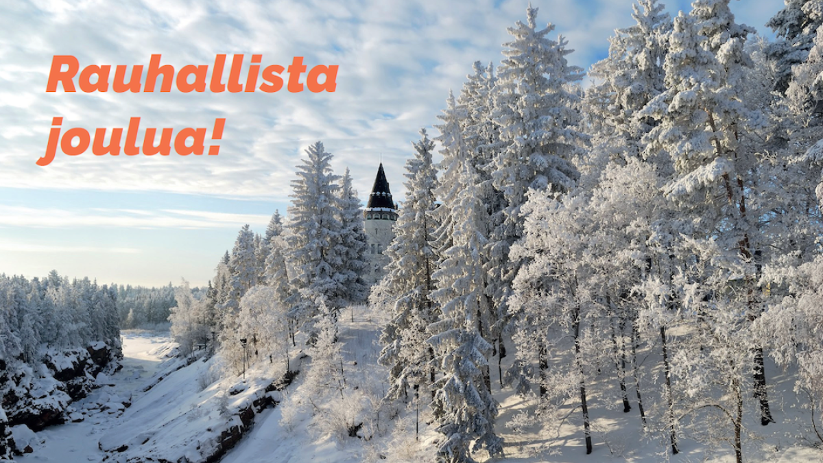 Talvinen Imatrankosken uoma ja Valtionhotelli, kuvassa lukee Rauhallista joulua.