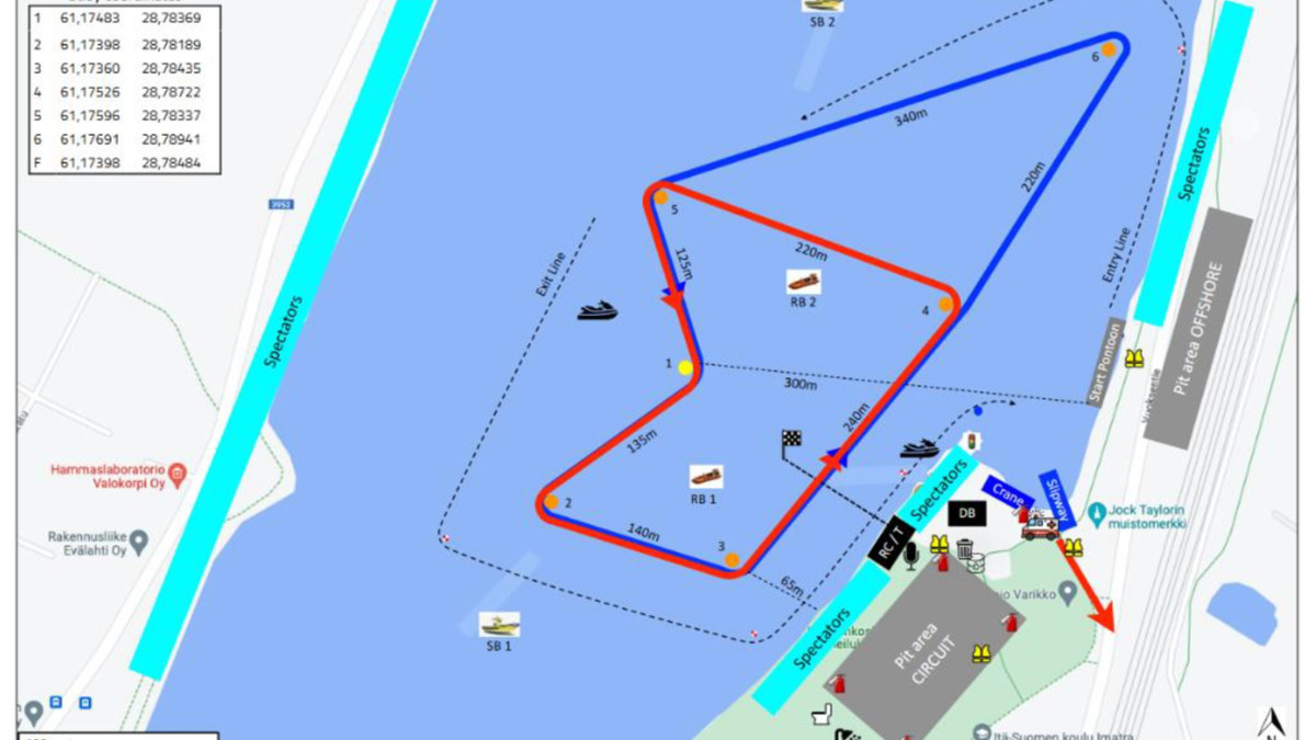 Imatra Power Boat Race kilpailualue kartalla.