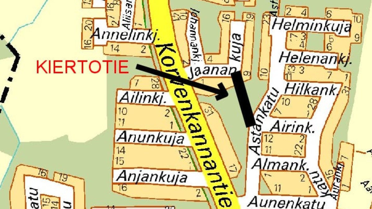 Imatran karttapohjalle mustalla viivalla ja nuolella merkitty kiertotie.