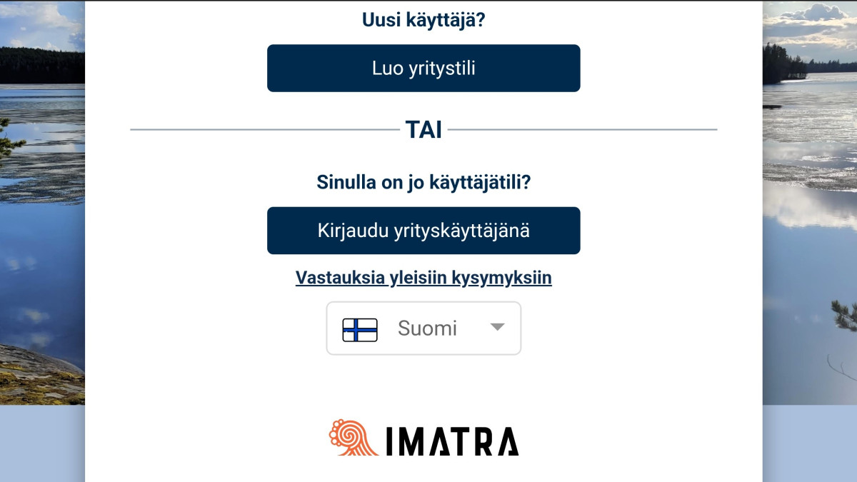 Kirjautumissivu uudelle käyttäjälle tai rekisteröitymiselle, Imatran kaupunki.