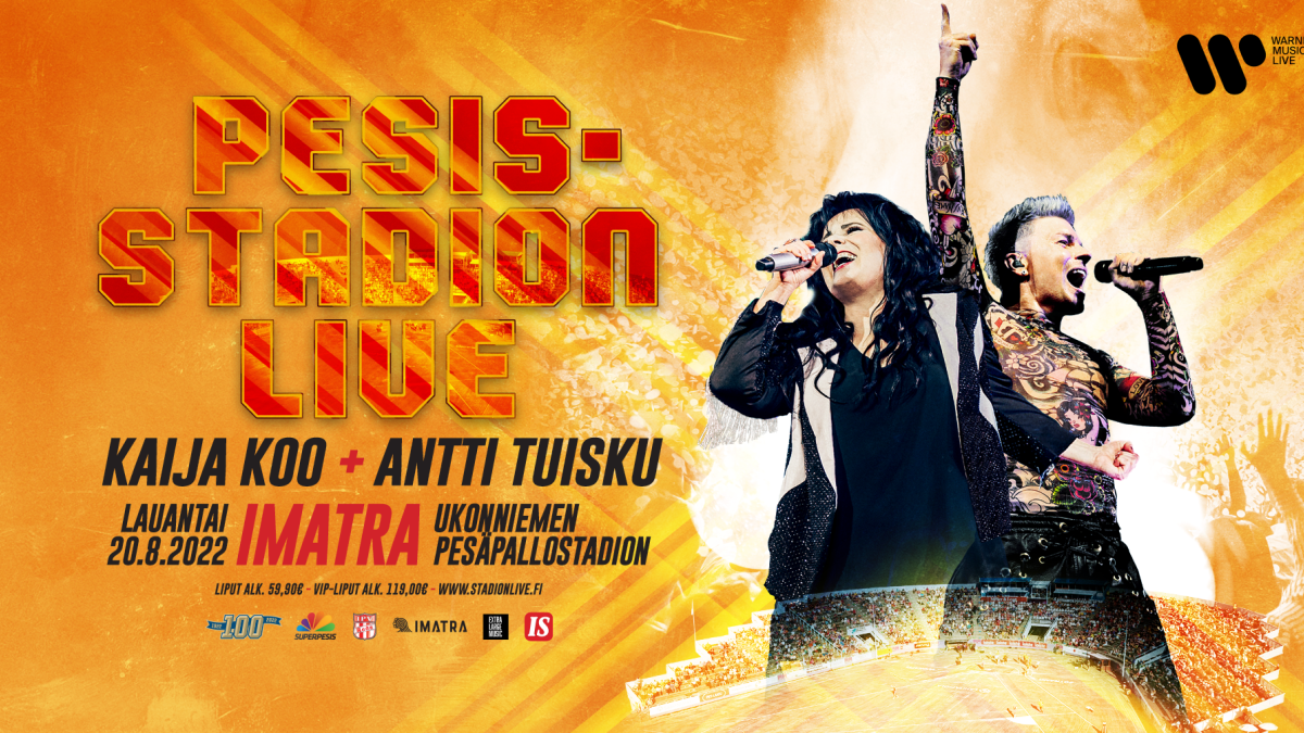 Pesisstadion Live -konsertti Imatran Ukonniemessä 20.8.2022, julisteessa Kaija Koo ja Antti Tuisku.