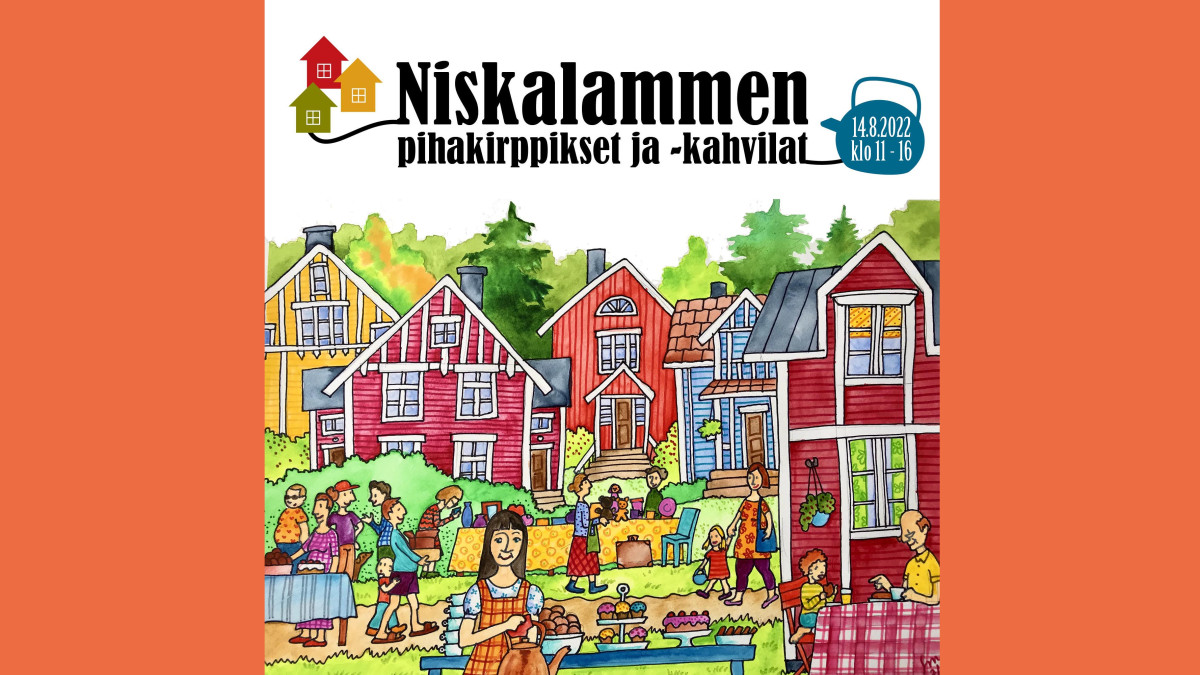 Piirros, jossa ihmisiä ja vanhoja taloja.