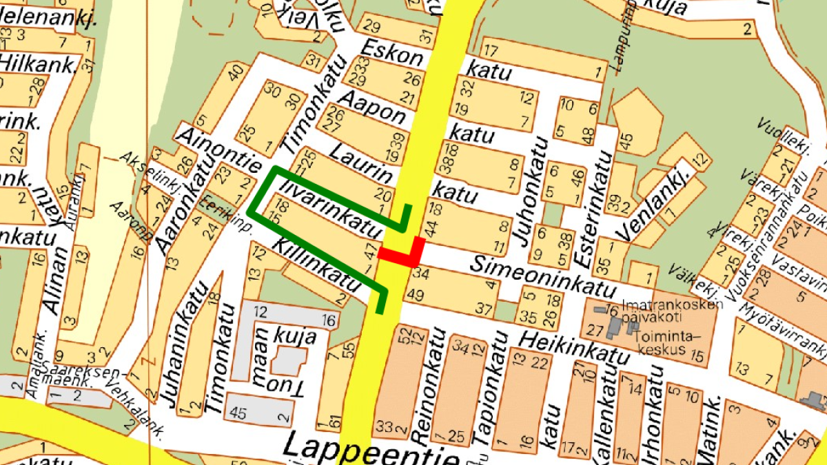 Kartta Koulukadun poikkeavista liikennejärjestelyistä.