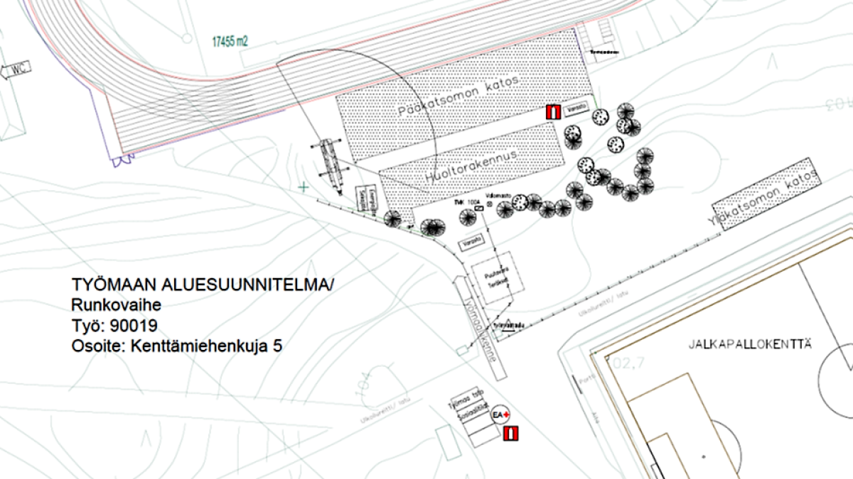 Työmaasuunnitelma Ukonniemen yleisurheilukentän katsomot ja pukutilat.