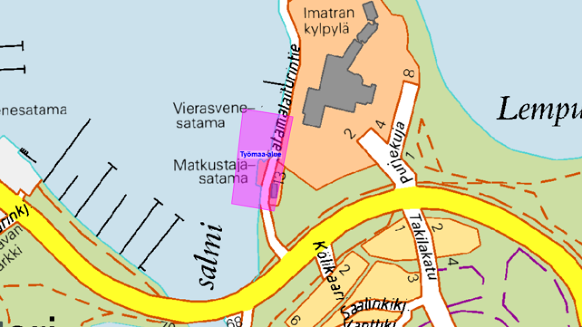 Työmaa-alue merkitty karttaan vaaleanpunaisena alueena.