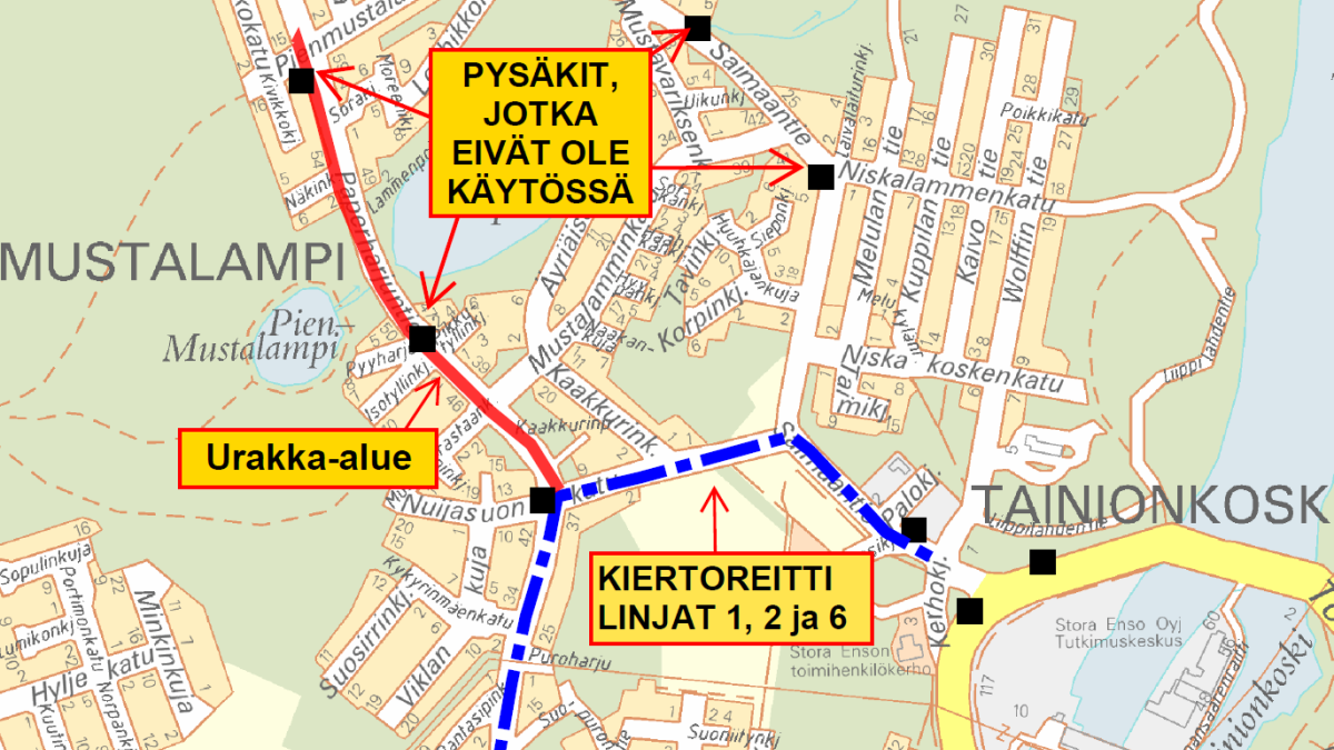 Karttakuvassa Paperharjuntien saneerauksen aikaiset bussilinjojen kiertoreitit ja pysäkit.