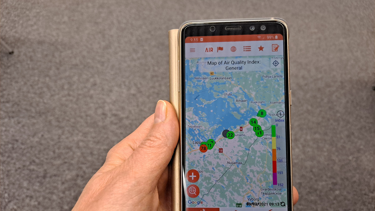 Ilmanlaadun mobiilisovelllus kännykässä.