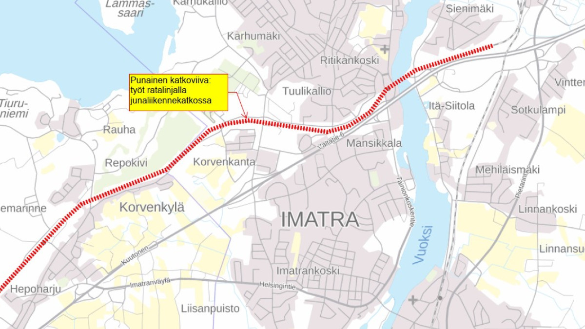 Karttakuva ratatyömaasta Imatran Korvenkannan kohdalla.