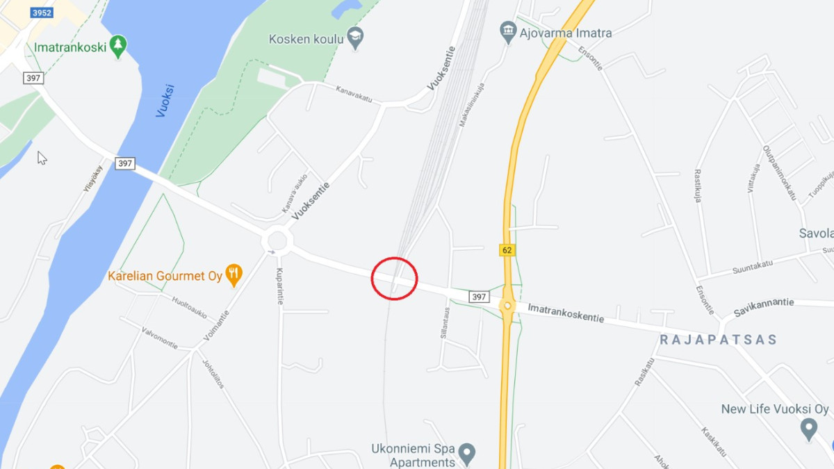 Karttakuva Imatrankoskentien ylikulkusillan valutyön työmaa-alueesta.