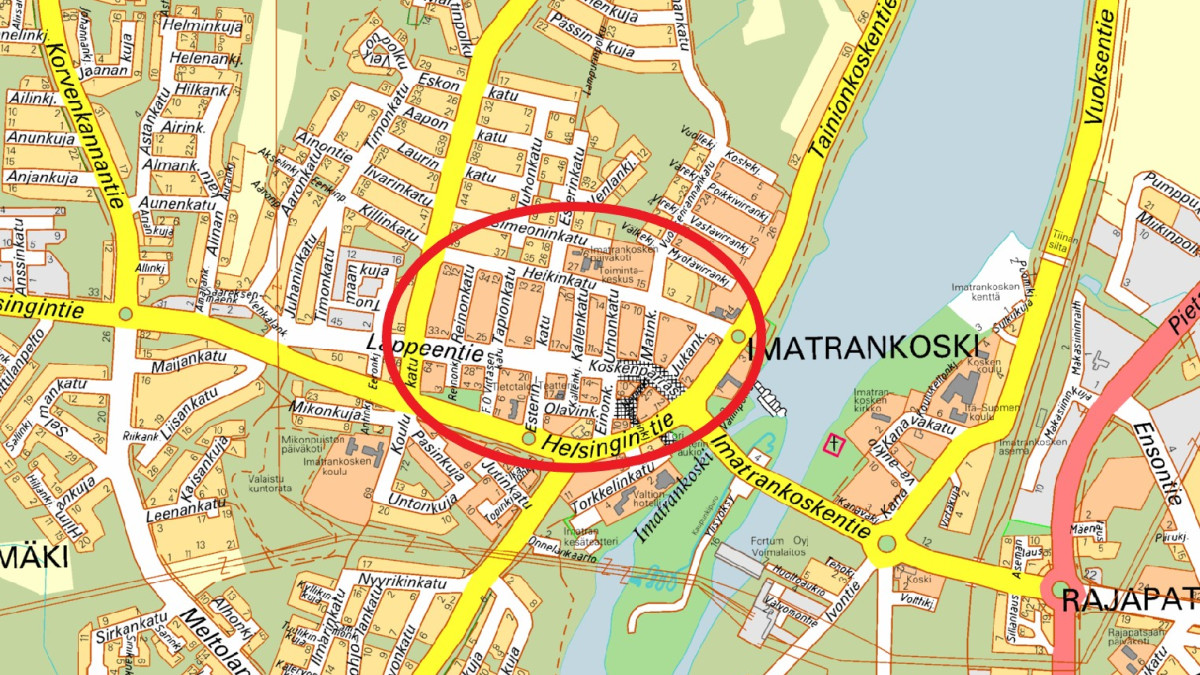 Imatrankosken karttakuva ja keskustan alue ympyröity punaisella.