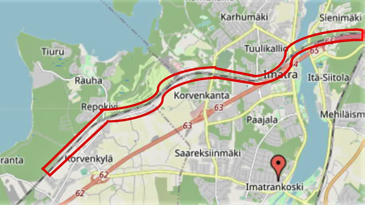Karttakuva Imatrasta kaksoisraidetyömaa-alue punaisella merkittynä.