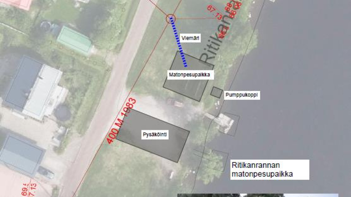 Havainnekuva ilmasta käsin Ritikanrannan matonpesupaikasta.