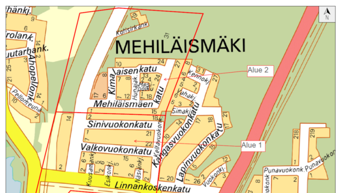 Karttakuva Imatran Sotkulammelta, savutusalue merkittynä punaisella.