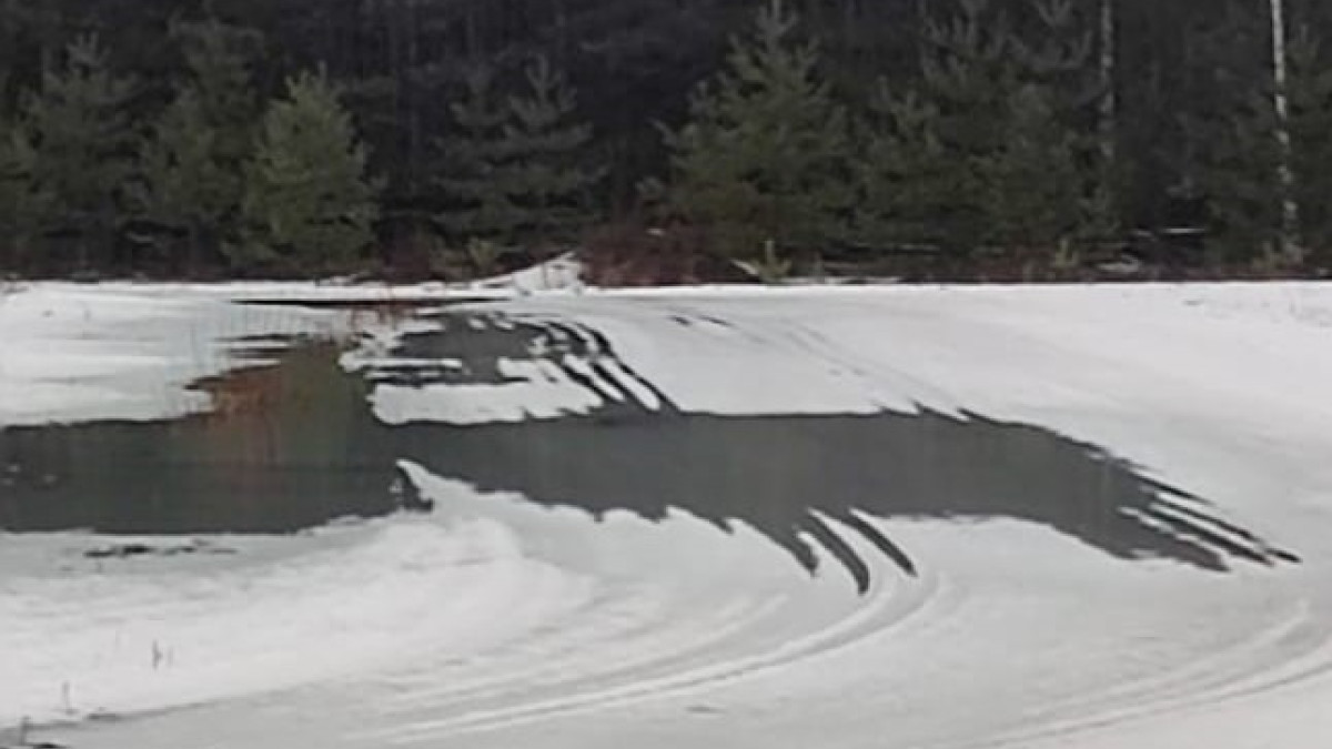 latu, jolta lumi osittain sulanut ja vettä ladulla, taustalla kuusikko.