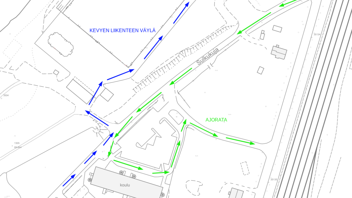 Karttakuva Kosken koulun oppilaiden jättopaikan liikennejärjestelyistä Sulkukujalla.