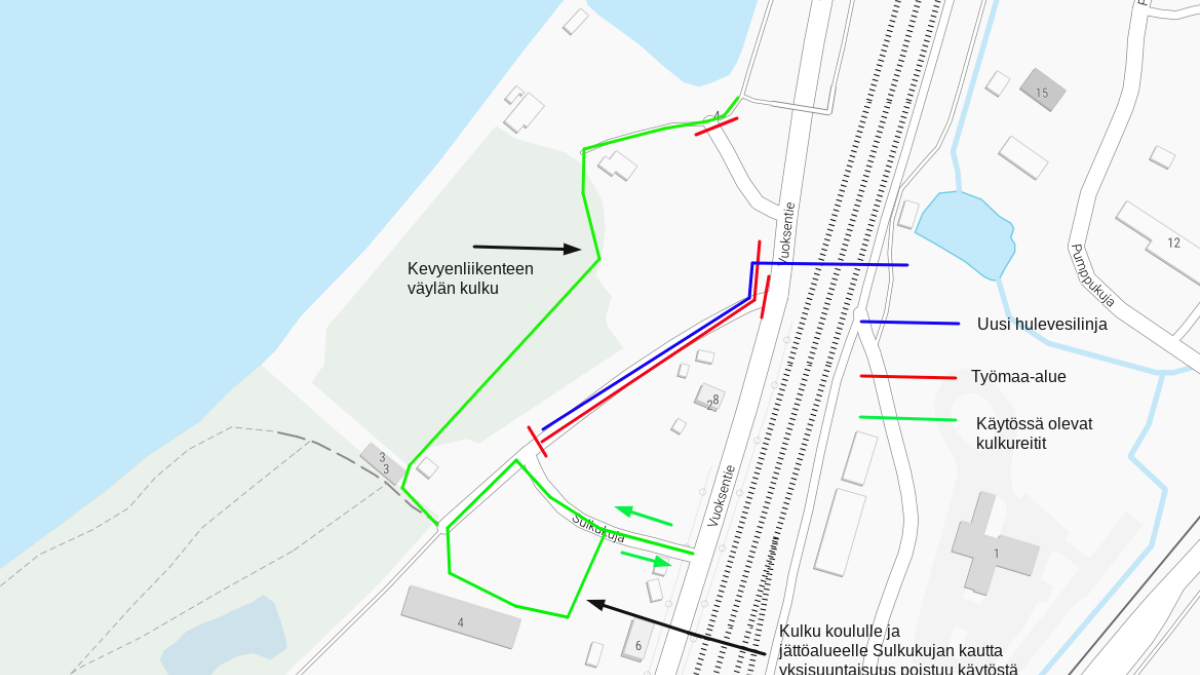 Karttakuva Sulkukujan liikennejärjestelyistä hulevesiputken rakentamisen aikana.