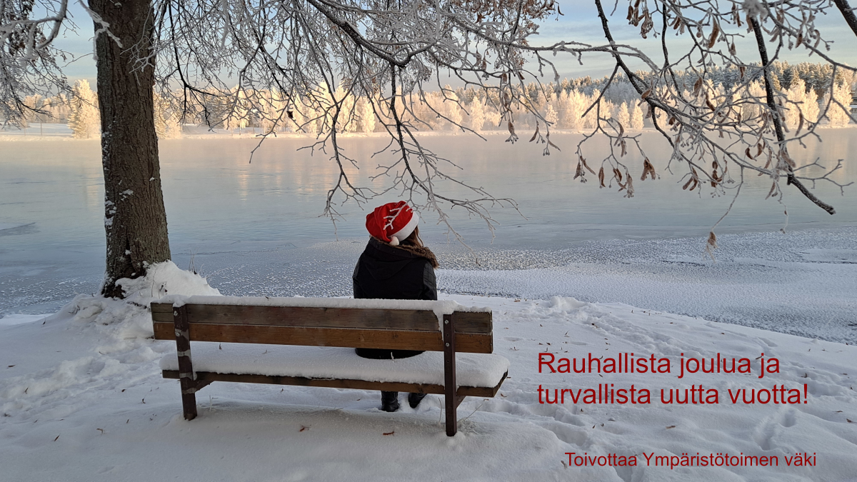 Joulutonttu istuu penkillä selin kuvaajaan veden äärellä rannassa.