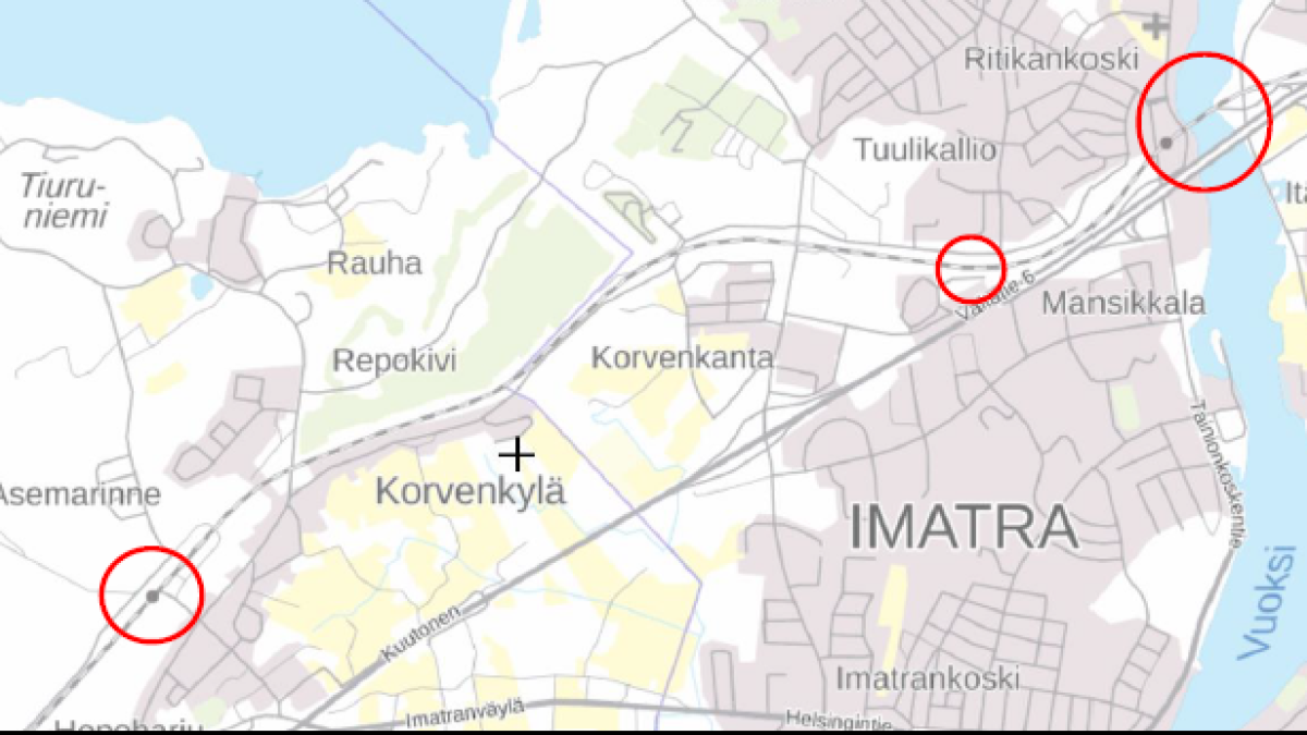 Kartta, jossa näkyy ratatöiden paikat Mansikkalassa ja Rauhassa.