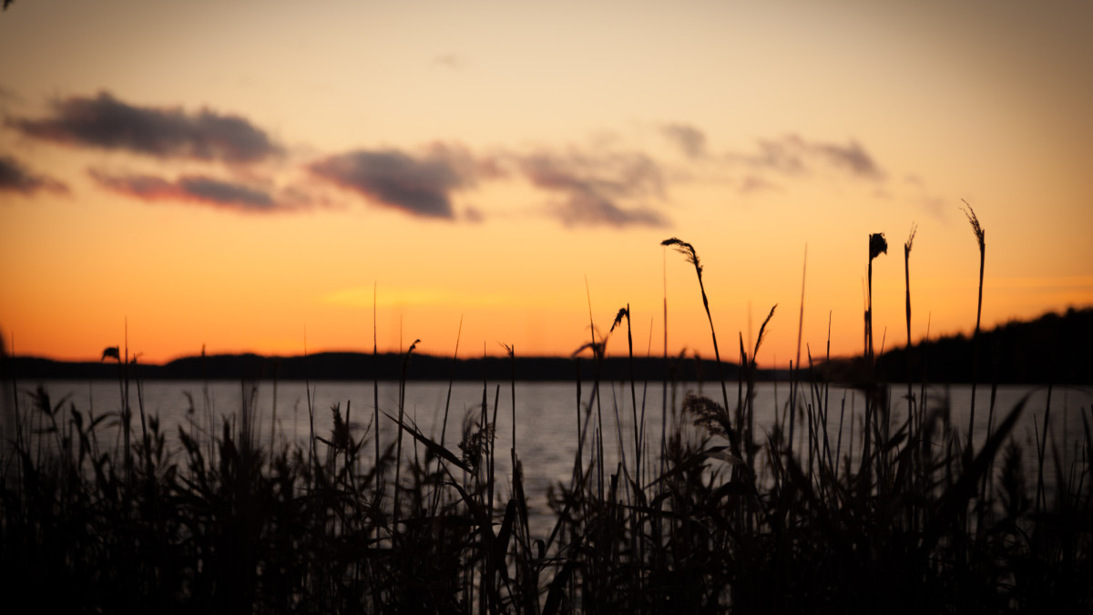 Järvimaisema auringonlaskun aikaan.