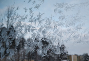 Jäähileitä ikkunalasissa.