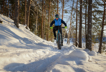 Maastopyöräilijä talvimaisemassa. Aurinko paistaa.