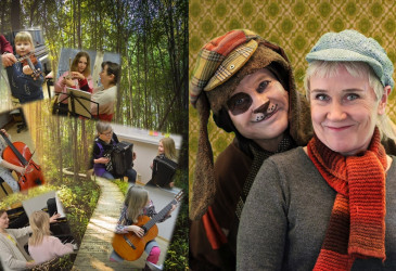 Kaksiosainen kuva, jossa toisessa reunassa on lapsia soittamassa soittimia. Toisessa reunassa on koiraksi pukeutunut ihminen ja nainen.
