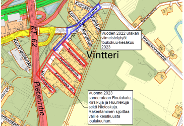 Karttakuva Imatralta, johon punaisella ja sinisellä rajatut alueet saneerataan kesällä 2023.