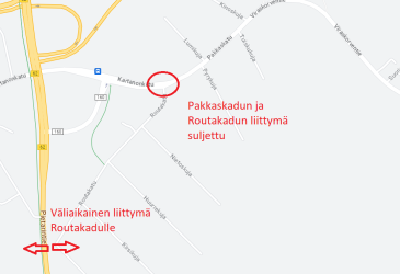 Pakkaskadun ja Routakadun risteys suljetaan väliaikaisesti. Karttakuva.