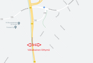 Karttakuva Imatralta, johon punaisilla nuolilla merkitty väliaikaisen liittymän paikka.