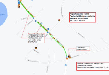 Karttakuvassa Paperharjuntien liikennejärjestelyt 27.7.2023 alkaen.