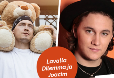 Rap-artistit Dilemma ja Joacim sekä kuvassa teksi Lavalla Dilemma ja Joacim.