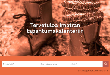 Imatran tapahtumakalenterin etusivu. Hakukenttä ja oranssinsävyinen taustakuva, jossa maiharit.