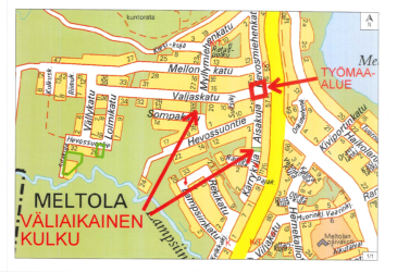 Meltolan työmaa-alue ja väliaikainen kulku merkittynä karttaan punaisella.