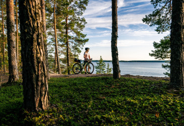 Metsää ja järveä sekä maasopyöräilijä.