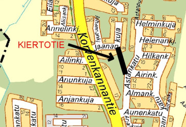 Imatran karttapohjalle mustalla viivalla ja nuolella merkitty kiertotie.