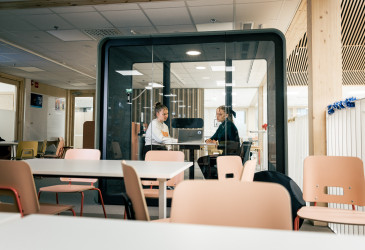 Kaksi opiskelijaa lasisessa neuvottelukopissa opiskelemassa tietokoneen ääressä. Kopin vieressä on pöytiä ja tuoleja.