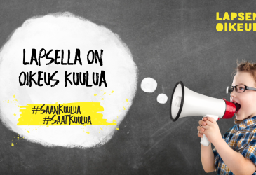 Puhekuplassa lapsella on oikeus kuulua -teksti, poika huutaa megafoniin.