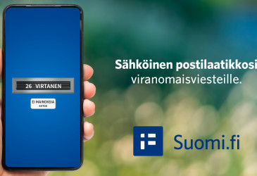 Suomi.fi-viestien mainoskuva. Kuvassa käsi joka pitää puhelinta.