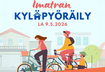 Mainos Imatran kyläpyöräily -tapahtumalle 9.5.2026. Kuvassa on piirretty maisema, jossa kolme henkilöä polkee polkupyörillä taajamaympäristössä. Taustalla näkyy rakennuksia ja puistomainen alue. Alareunassa ovat Imatran kaupungin ja EKLU:n logot.