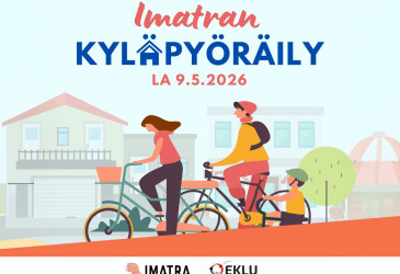 Mainos Imatran kyläpyöräily -tapahtumalle 9.5.2026. Kuvassa on piirretty maisema, jossa kolme henkilöä polkee polkupyörillä taajamaympäristössä. Taustalla näkyy rakennuksia ja puistomainen alue. Alareunassa ovat Imatran kaupungin ja EKLU:n logot.